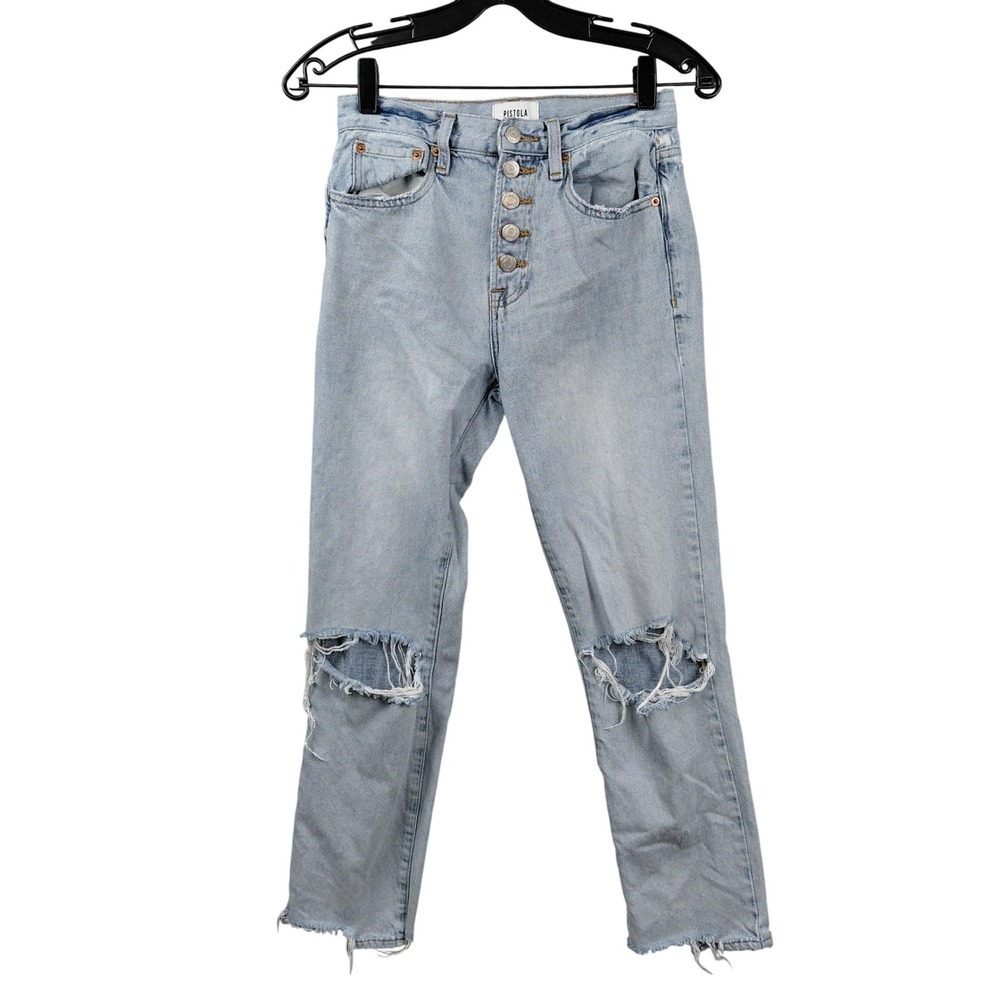 Pistola‎ High Rise Straight Leg Distressed Jeans Light Wash Button Fly Size 24